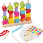 wooden montessori fruits sequence with lacing pattern